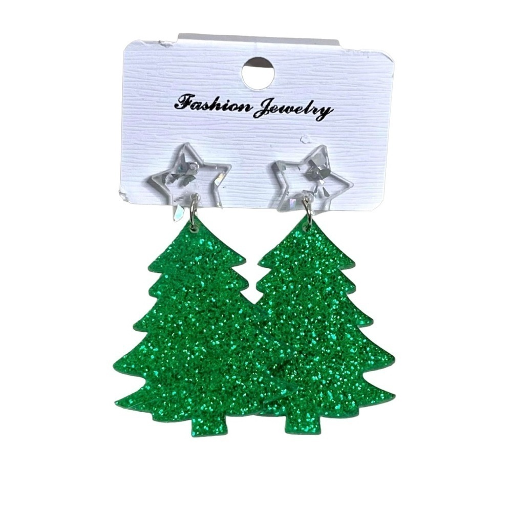 Glitter Christmas Tree Acrylic Earrings Green